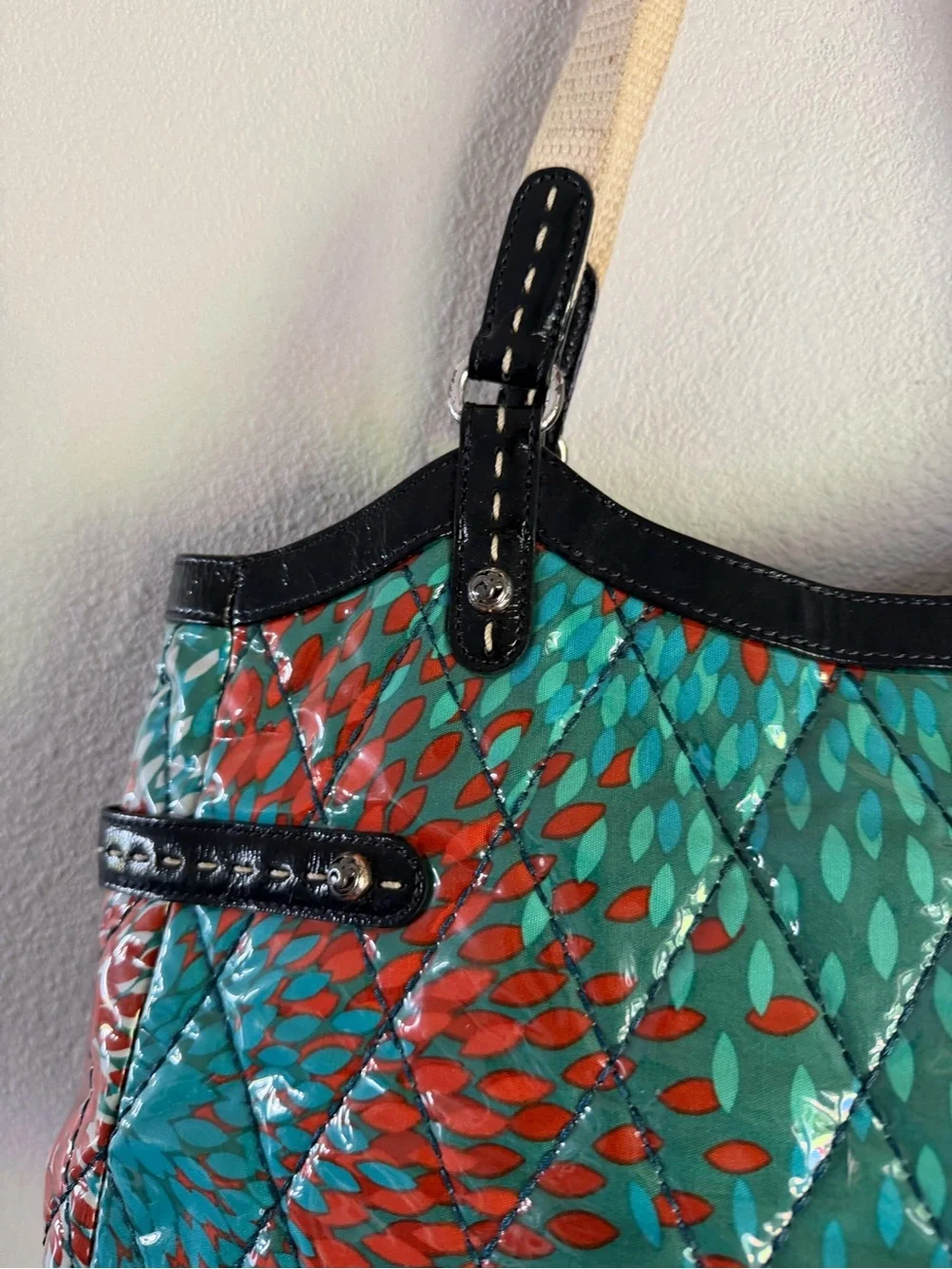Brighton Purse Laminated Quilted Heart To Heart Large Tote Blue Red